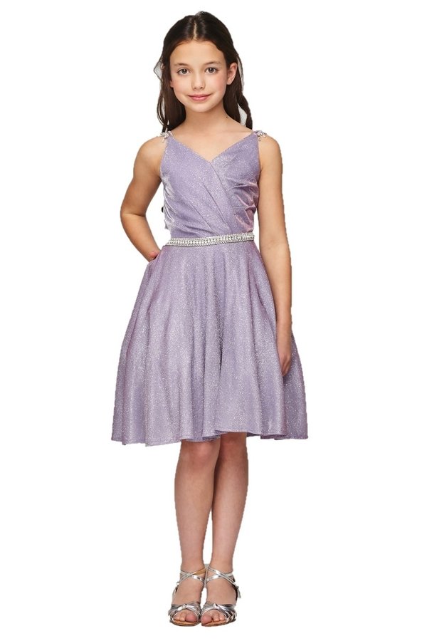 Girl cute metallic V neck overlap pleated pocket dress with rhinestone gems on shoulder and waistline