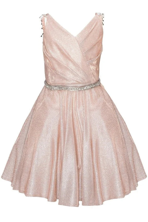 Girl cute metallic V neck overlap pleated pocket dress with rhinestone gems on shoulder and waistline