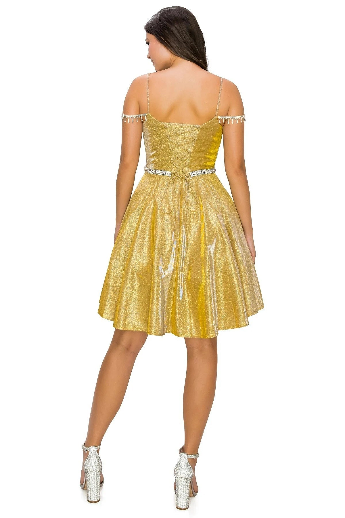 FINAL SALE: WOMEN PARTY DRESS WITH SCULPTED METALLIC GLITTER FABRIC AND BEJEWLED STRAPS