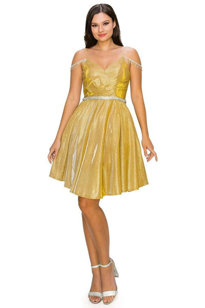 FINAL SALE: WOMEN PARTY DRESS WITH SCULPTED METALLIC GLITTER FABRIC AND BEJEWLED STRAPS