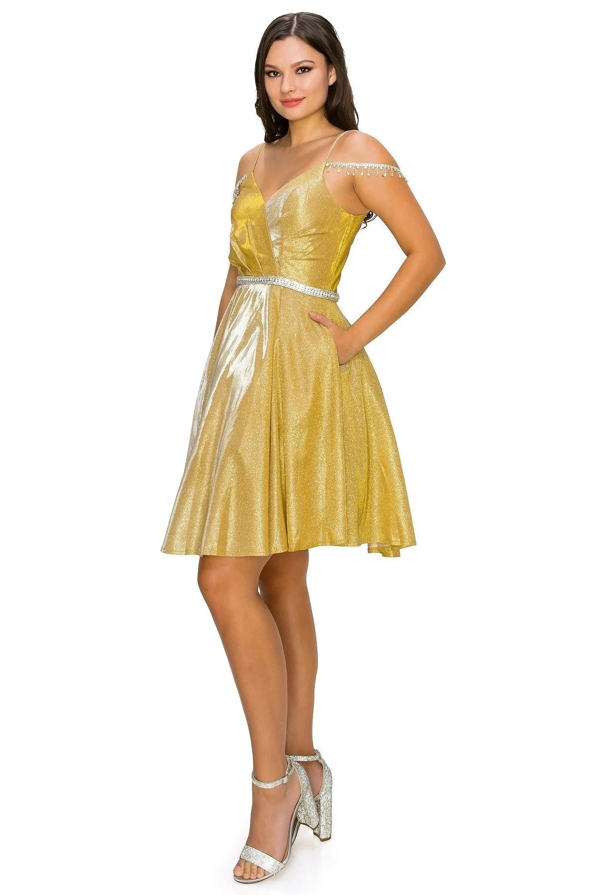 FINAL SALE: WOMEN PARTY DRESS WITH SCULPTED METALLIC GLITTER FABRIC AND BEJEWLED STRAPS