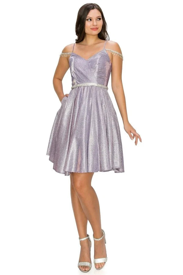 FINAL SALE: WOMEN PARTY DRESS WITH SCULPTED METALLIC GLITTER FABRIC AND BEJEWLED STRAPS