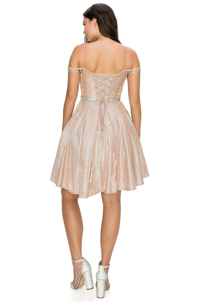 FINAL SALE: WOMEN PARTY DRESS WITH SCULPTED METALLIC GLITTER FABRIC AND BEJEWLED STRAPS