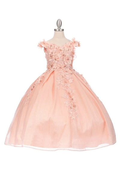 3D floral off shoulder ball gown with glitter skirt, bottom pleated, corset back tie