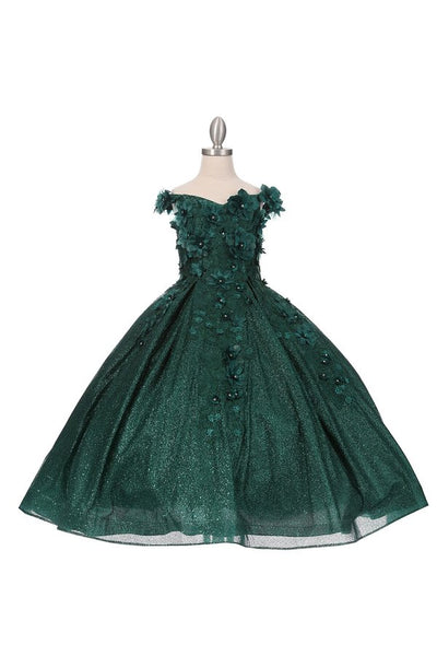 3D floral off shoulder ball gown with glitter skirt, bottom pleated, corset back tie