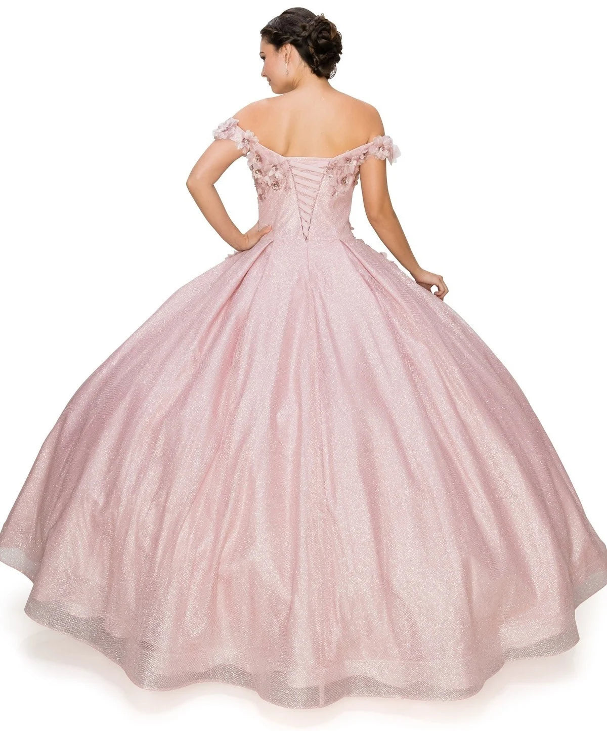 FINAL SALE: women quinceanera dress with 3d floral off shoulder ball gown with glitter and corset back tie