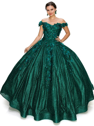 FINAL SALE: women quinceanera dress with 3d floral off shoulder ball gown with glitter and corset back tie