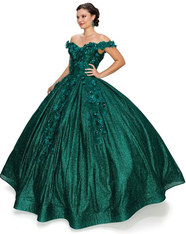 FINAL SALE: women quinceanera dress with 3d floral off shoulder ball gown with glitter and corset back tie