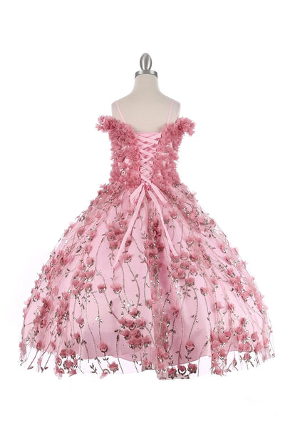 Girl dress off shoulder 3D floral applique over glitter designed mesh ball gown, corset back tie, invisible zipper