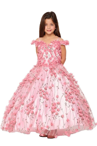 Girl dress off shoulder 3D floral applique over glitter designed mesh ball gown, corset back tie, invisible zipper