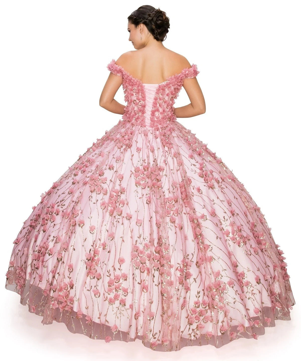 FINAL SALE: WOMEN QUINCEANERA DRESS WITH off shoulder 3D floral applique over glitter designed mesh ball gown, corset back tie, invisible zipper