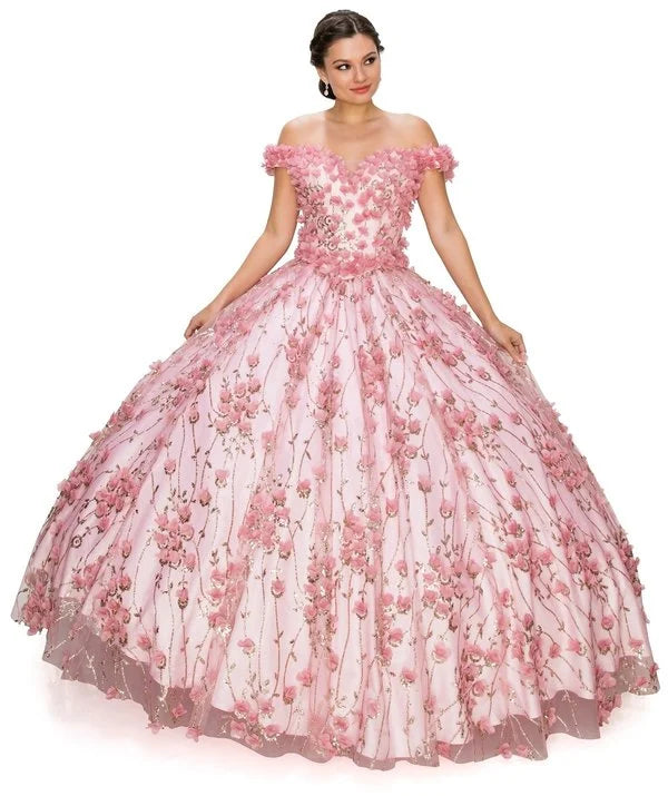 FINAL SALE: WOMEN QUINCEANERA DRESS WITH off shoulder 3D floral applique over glitter designed mesh ball gown, corset back tie, invisible zipper