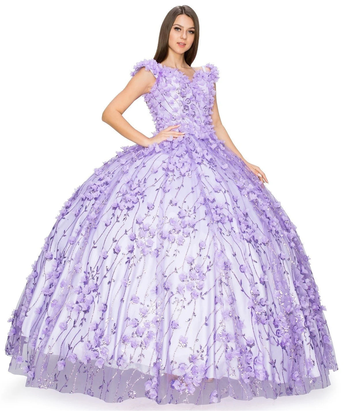 FINAL SALE: WOMEN QUINCEANERA DRESS WITH off shoulder 3D floral applique over glitter designed mesh ball gown, corset back tie, invisible zipper