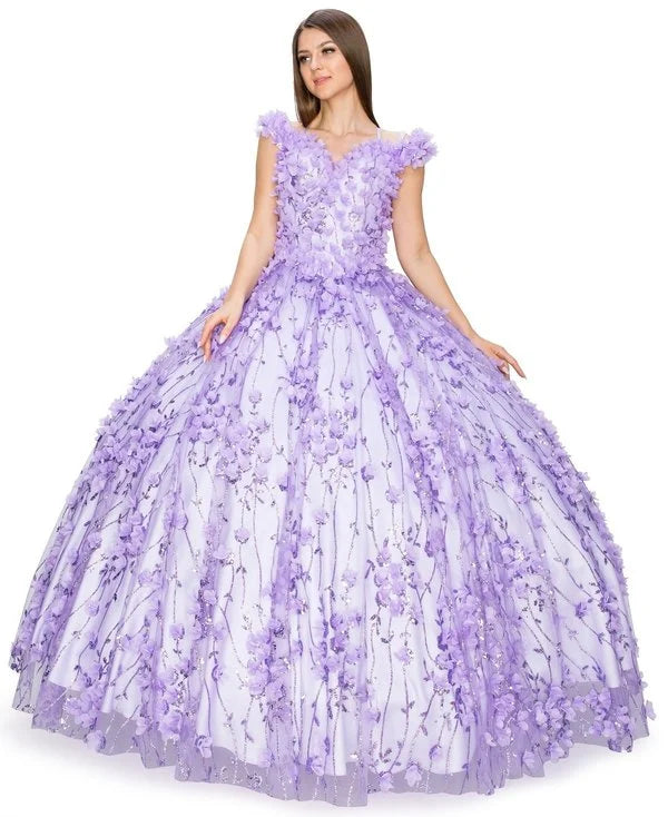 FINAL SALE: WOMEN QUINCEANERA DRESS WITH off shoulder 3D floral applique over glitter designed mesh ball gown, corset back tie, invisible zipper