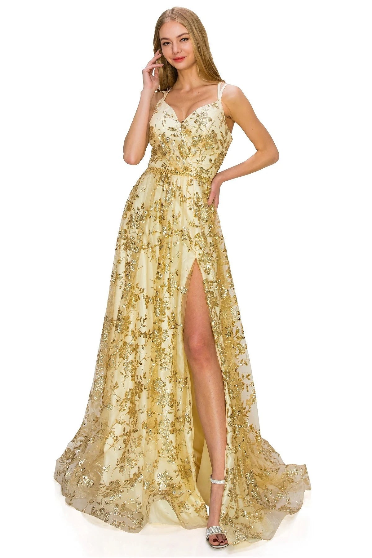 FINAL SALE: women evening dress with junior open back spaghetti glitter with sequin beaded waist