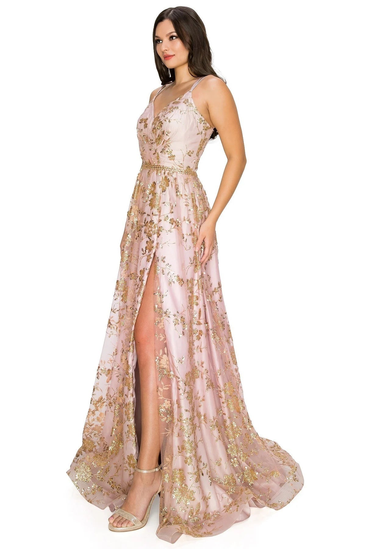 FINAL SALE: women evening dress with junior open back spaghetti glitter with sequin beaded waist