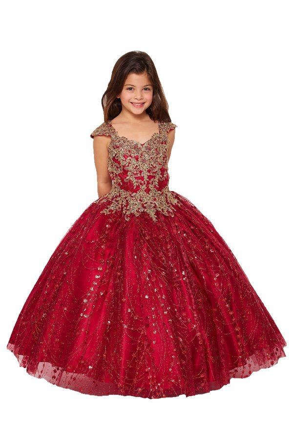 Girl  Elegant illusion glittered tulle, satin floor length ball gown dress, adored on top with gold coil lace studded with stunning AB rhinestone