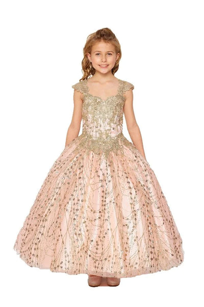 Girl  Elegant illusion glittered tulle, satin floor length ball gown dress, adored on top with gold coil lace studded with stunning AB rhinestone