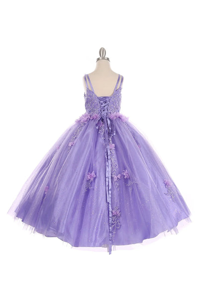 Girl elegant V-neckline 3D floral applique and glittered tulle long dress with embroidered lace with rhinestones