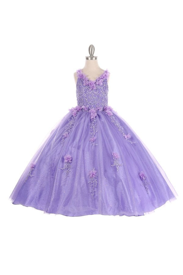 Girl elegant V-neckline 3D floral applique and glittered tulle long dress with embroidered lace with rhinestones