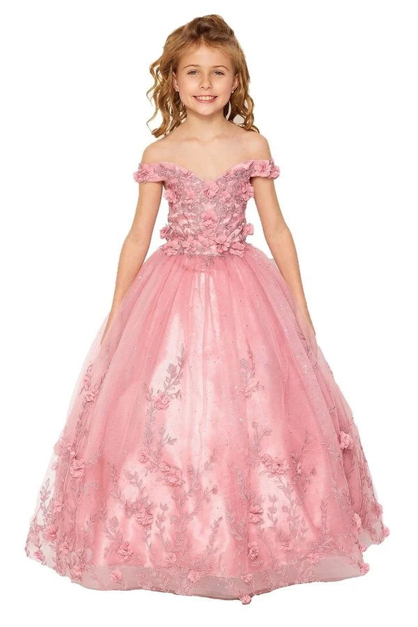 Girl elegant sweetheart off shoulder 3D floral applique, rhinestones beaded glittered lace tulle ball gown with corset back straps tie