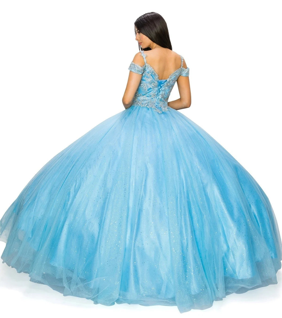 FINAL SALE: Women elegant quinceanera dress with gold coiled rhinestone off shoulder with strap ball gown