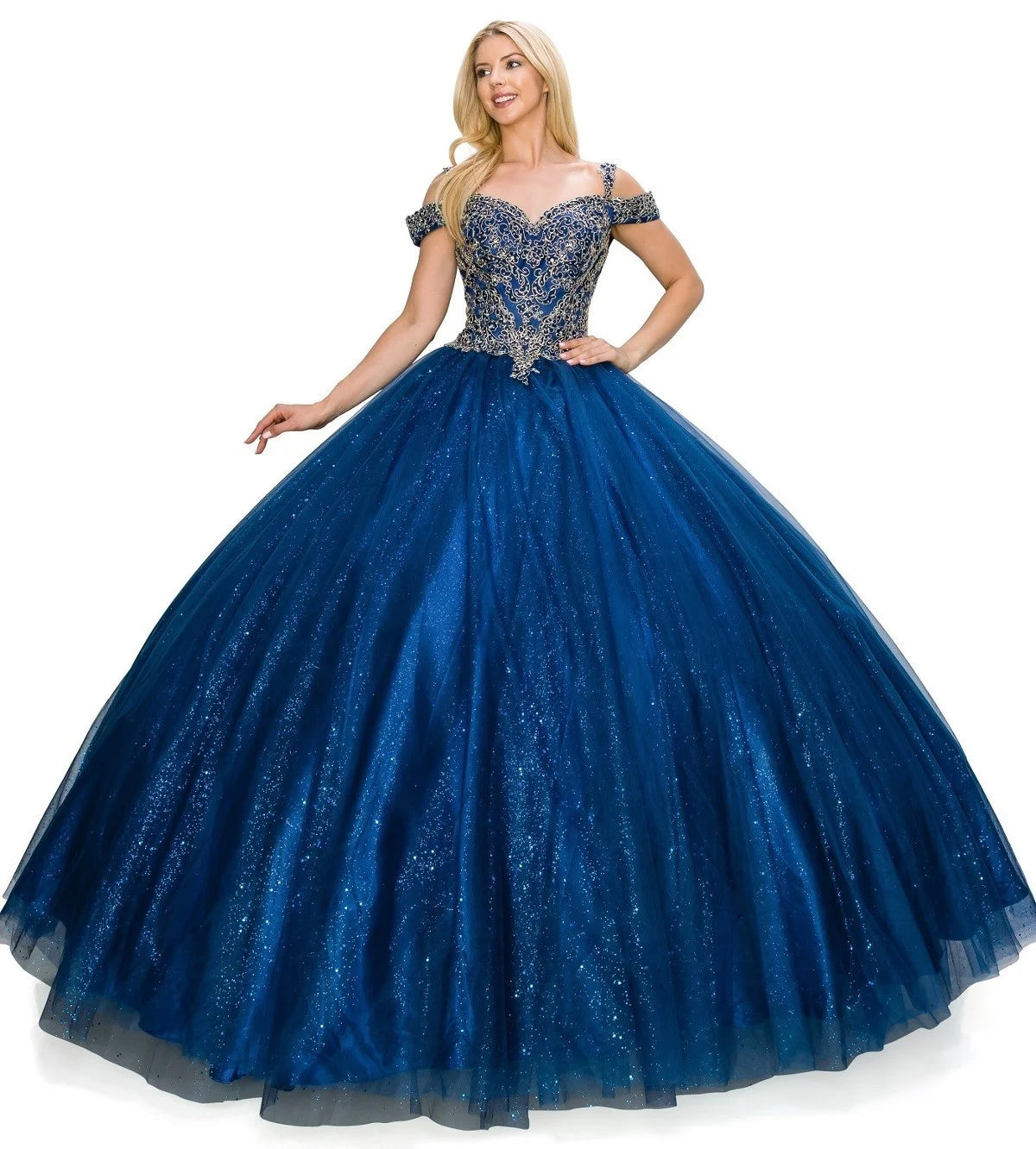 FINAL SALE: Women elegant quinceanera dress with gold coiled rhinestone off shoulder with strap ball gown