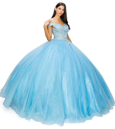 FINAL SALE: Women elegant quinceanera dress with gold coiled rhinestone off shoulder with strap ball gown