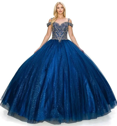 FINAL SALE: Women elegant quinceanera dress with gold coiled rhinestone off shoulder with strap ball gown