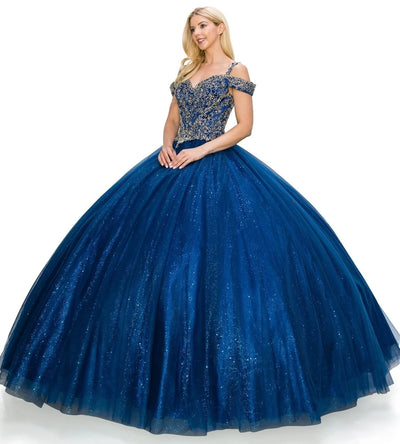 FINAL SALE: Women elegant quinceanera dress with gold coiled rhinestone off shoulder with strap ball gown