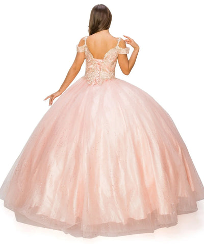 FINAL SALE: Women elegant quinceanera dress with gold coiled rhinestone off shoulder with strap ball gown