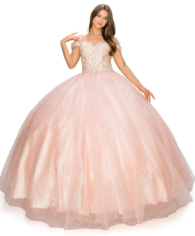 FINAL SALE: Women elegant quinceanera dress with gold coiled rhinestone off shoulder with strap ball gown