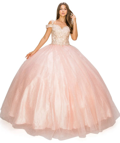 FINAL SALE: Women elegant quinceanera dress with gold coiled rhinestone off shoulder with strap ball gown