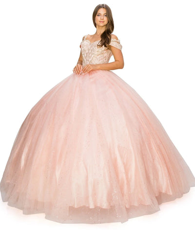 FINAL SALE: Women elegant quinceanera dress with gold coiled rhinestone off shoulder with strap ball gown