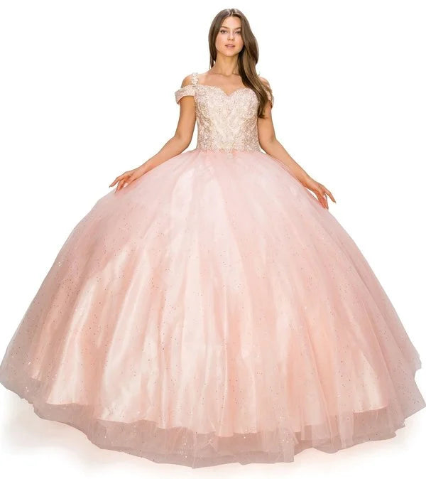 FINAL SALE: Women elegant quinceanera dress with gold coiled rhinestone off shoulder with strap ball gown