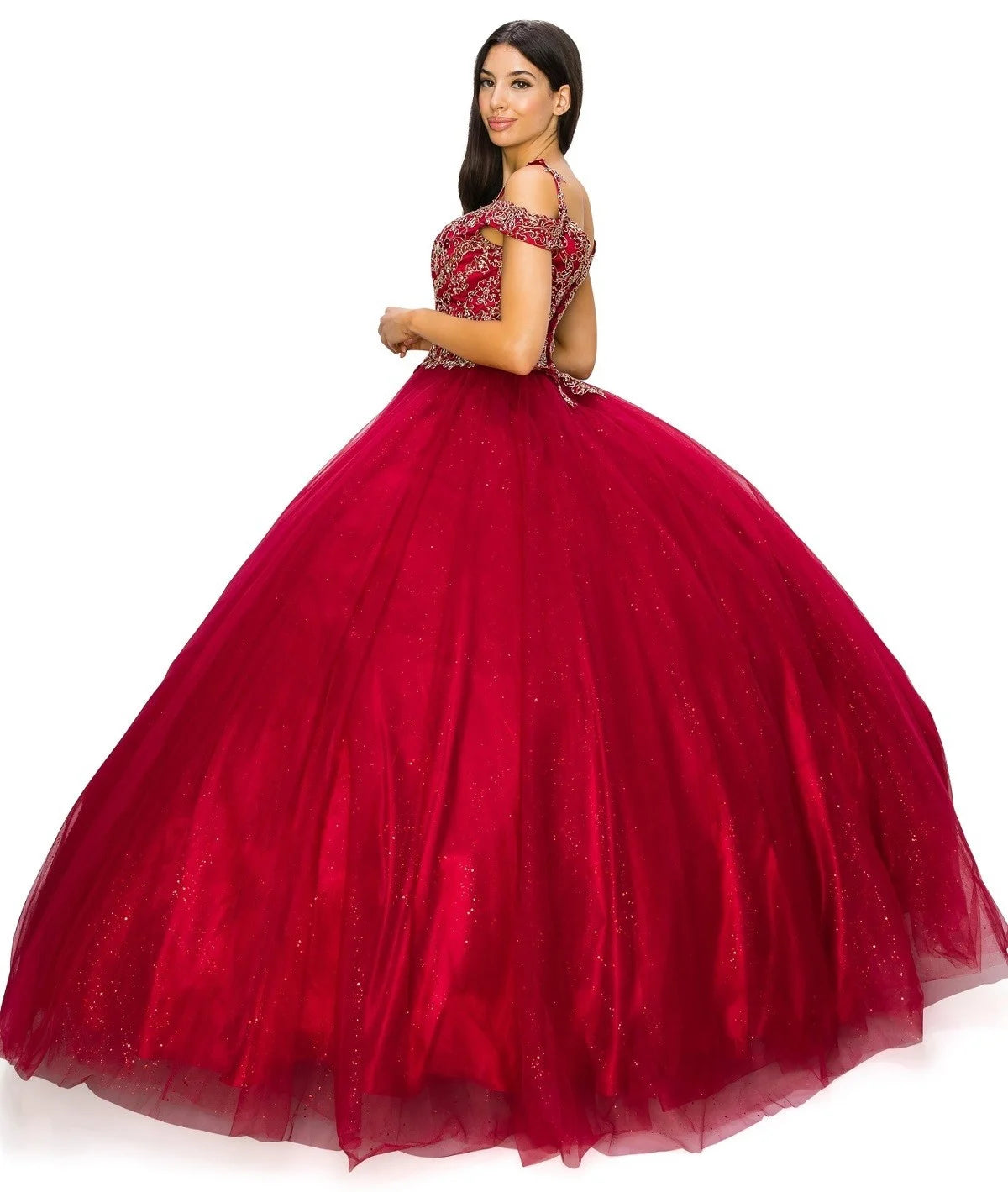 FINAL SALE: Women elegant quinceanera dress with gold coiled rhinestone off shoulder with strap ball gown