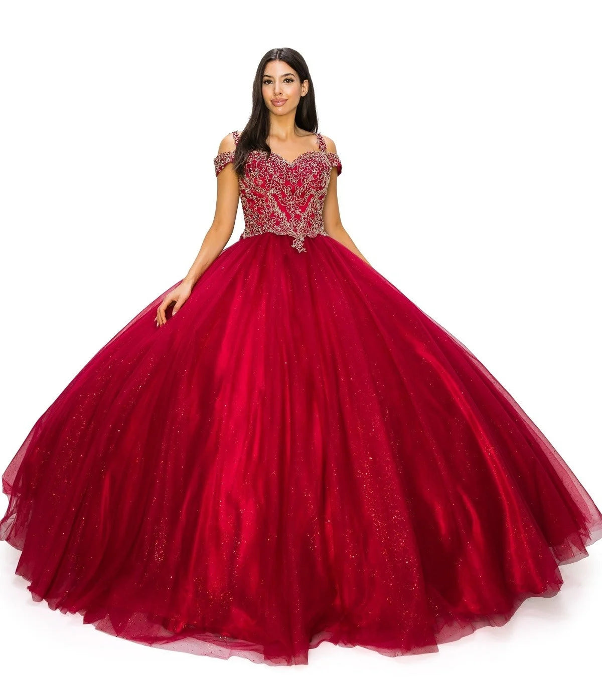 FINAL SALE: Women elegant quinceanera dress with gold coiled rhinestone off shoulder with strap ball gown