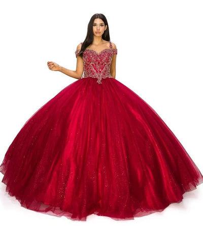 FINAL SALE: Women elegant quinceanera dress with gold coiled rhinestone off shoulder with strap ball gown