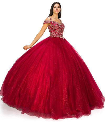 FINAL SALE: Women elegant quinceanera dress with gold coiled rhinestone off shoulder with strap ball gown