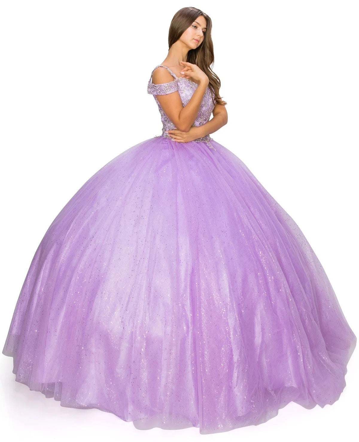 FINAL SALE: Women elegant quinceanera dress with gold coiled rhinestone off shoulder with strap ball gown