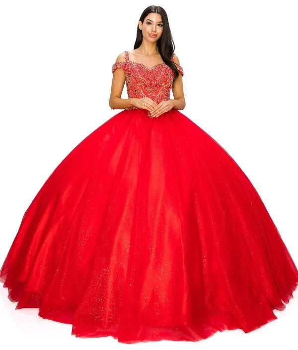 FINAL SALE: Women elegant quinceanera dress with gold coiled rhinestone off shoulder with strap ball gown