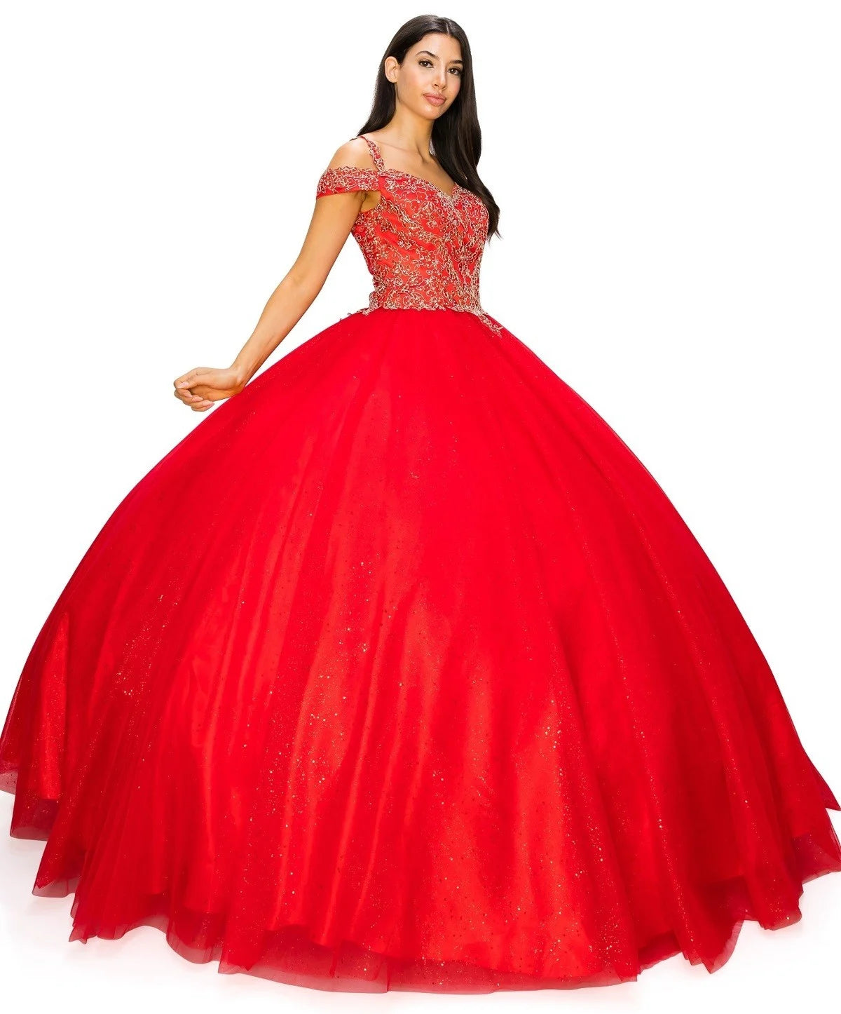 FINAL SALE: Women elegant quinceanera dress with gold coiled rhinestone off shoulder with strap ball gown