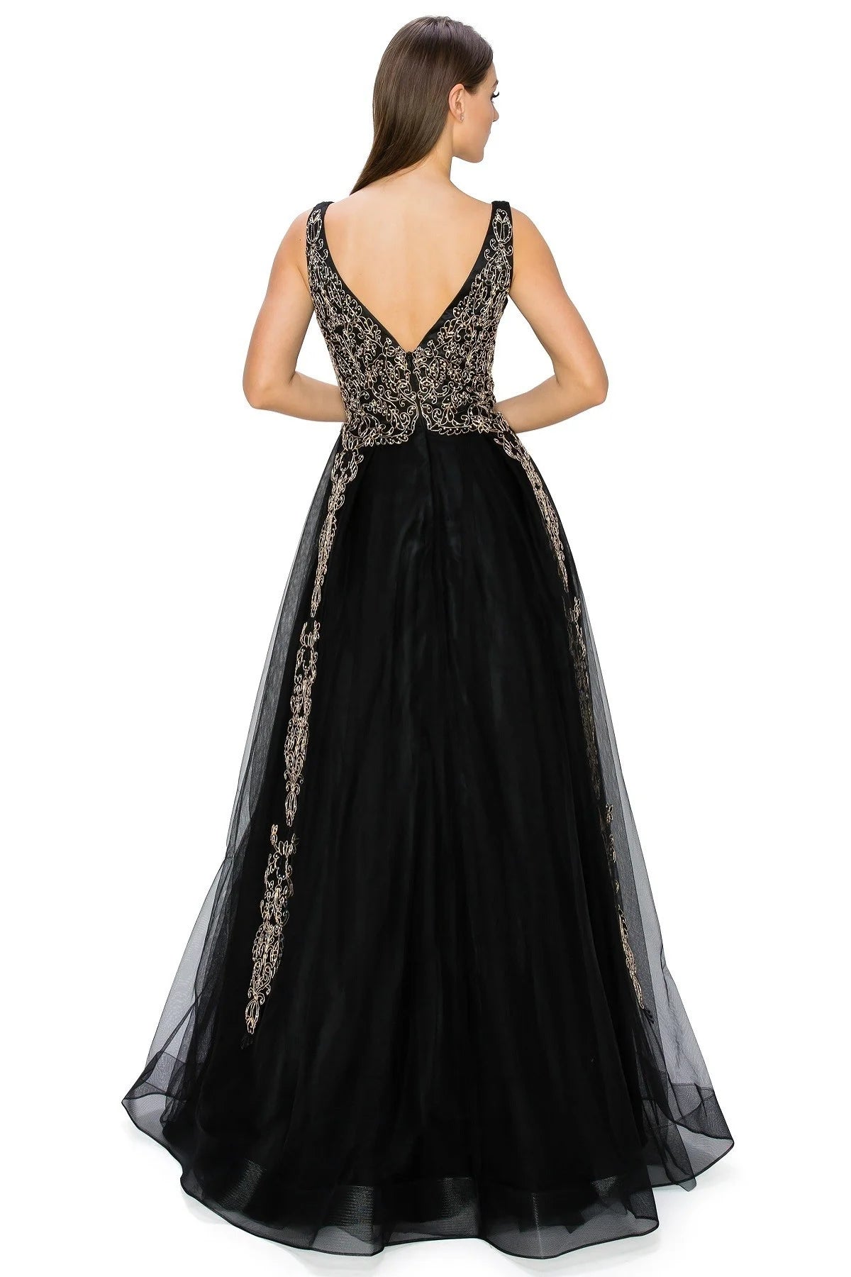 FINAL SALE: Women evening dress with tulle and gold coil lace with rhinestone with v neck