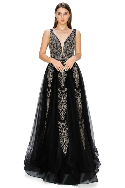 FINAL SALE: Women evening dress with tulle and gold coil lace with rhinestone with v neck