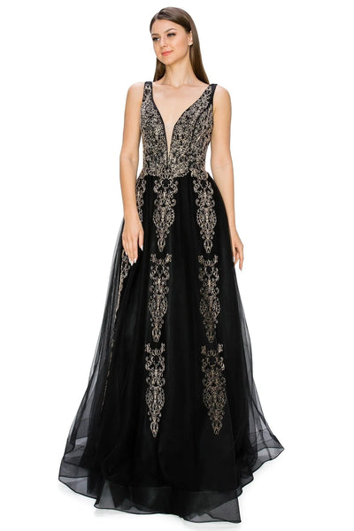 FINAL SALE: Women evening dress with tulle and gold coil lace with rhinestone with v neck