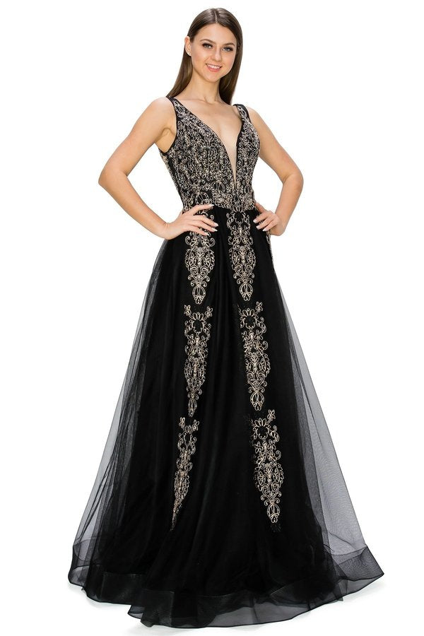 FINAL SALE: Women evening dress with tulle and gold coil lace with rhinestone with v neck