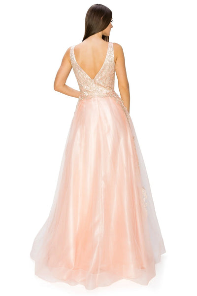 FINAL SALE: Women evening dress with tulle and gold coil lace with rhinestone with v neck