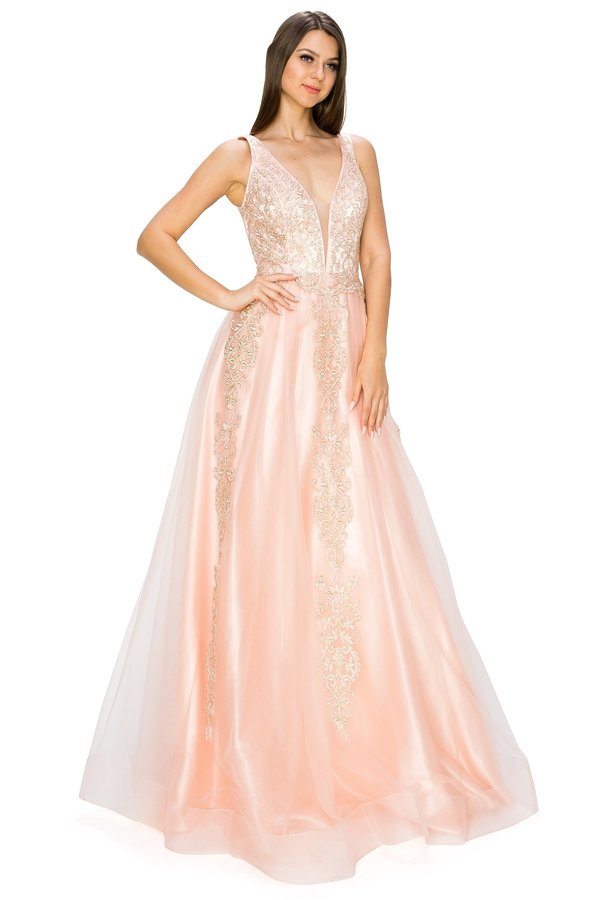 FINAL SALE: Women evening dress with tulle and gold coil lace with rhinestone with v neck