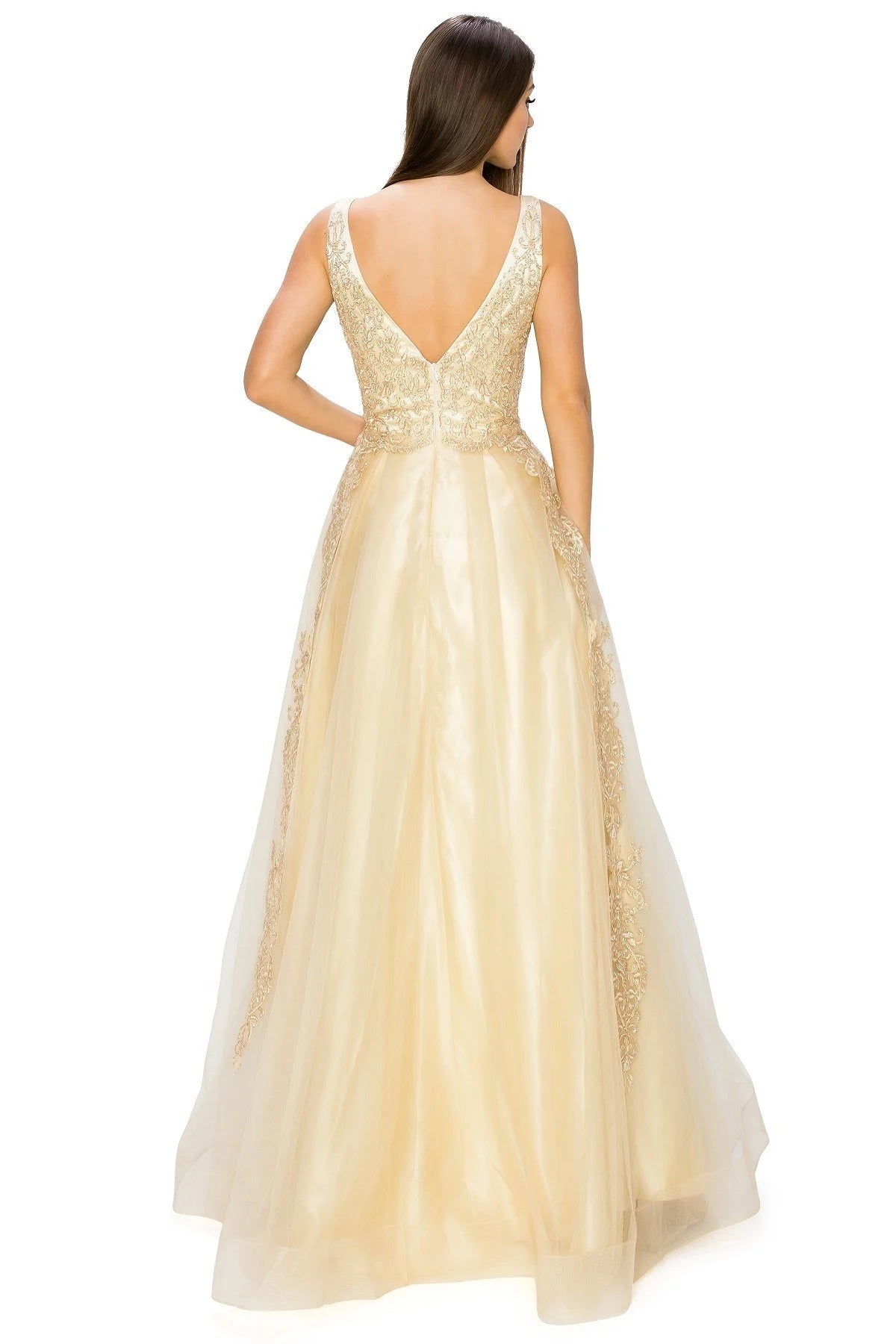 FINAL SALE: Women evening dress with tulle and gold coil lace with rhinestone with v neck