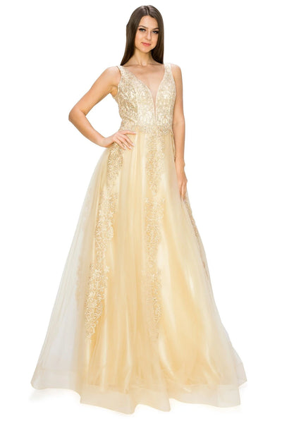 FINAL SALE: Women evening dress with tulle and gold coil lace with rhinestone with v neck